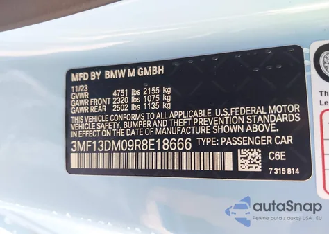 2024 BMW M2 из США, поврежденный, VIN 3MF13DM09R8E18666